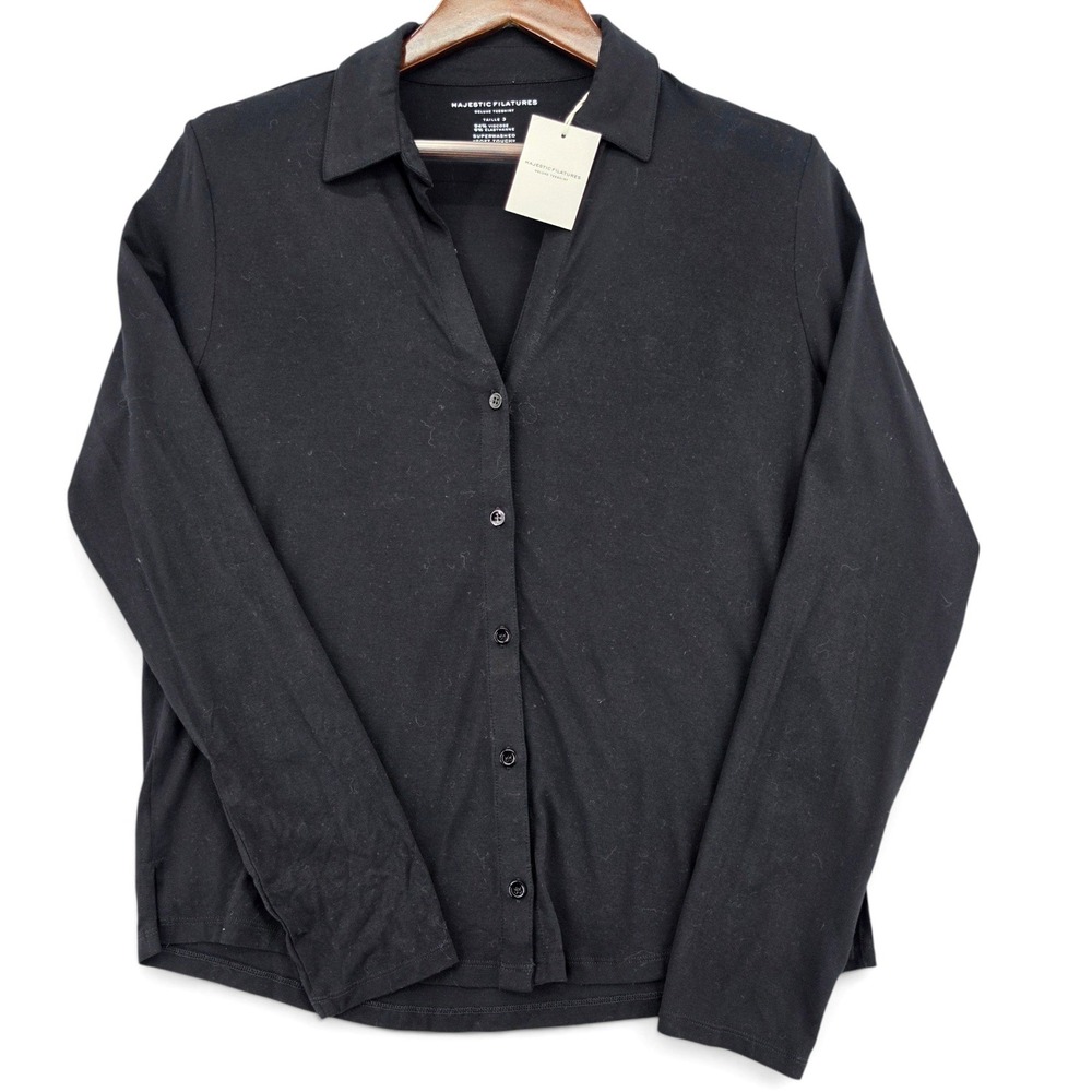 Majestic Filatures Black Soft Touch Button Front Shirt Fr 3 US M Quiet Luxury